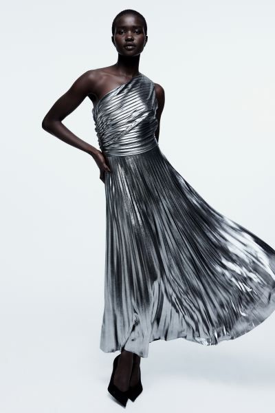 Metallic-coated One-shoulder Dress - Silver-colored - Ladies | H&M US | H&M (US + CA)