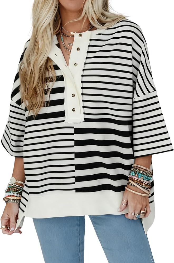 Lentta Womens Oversized Striped Sweatshirts Henley Shirts Color Block Casual Pullover High Low To... | Amazon (US)
