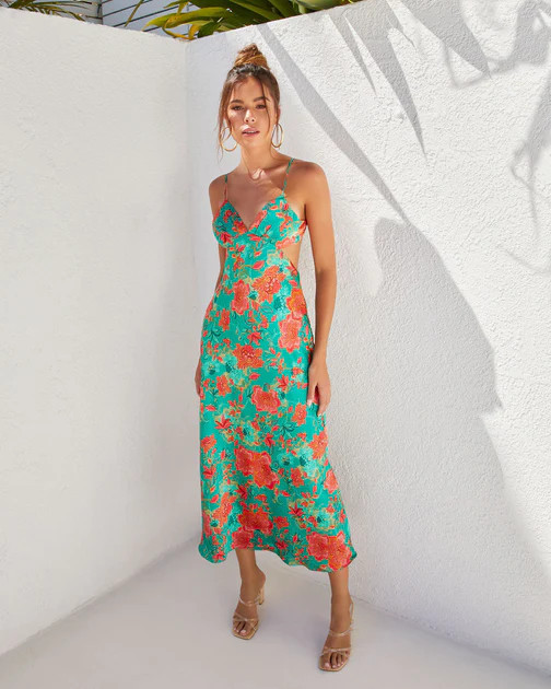 Renelle Satin Cutout Midi Dress - Green/Floral | VICI