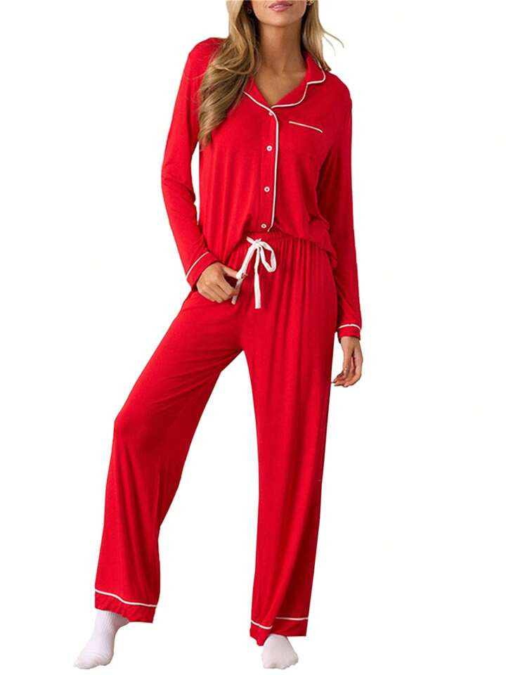 Women's 2 Lounge Sets Long Sleeve Lapel Shirt Drawstring Pants Pajamas Set, Regular Knitted Daily... | SHEIN