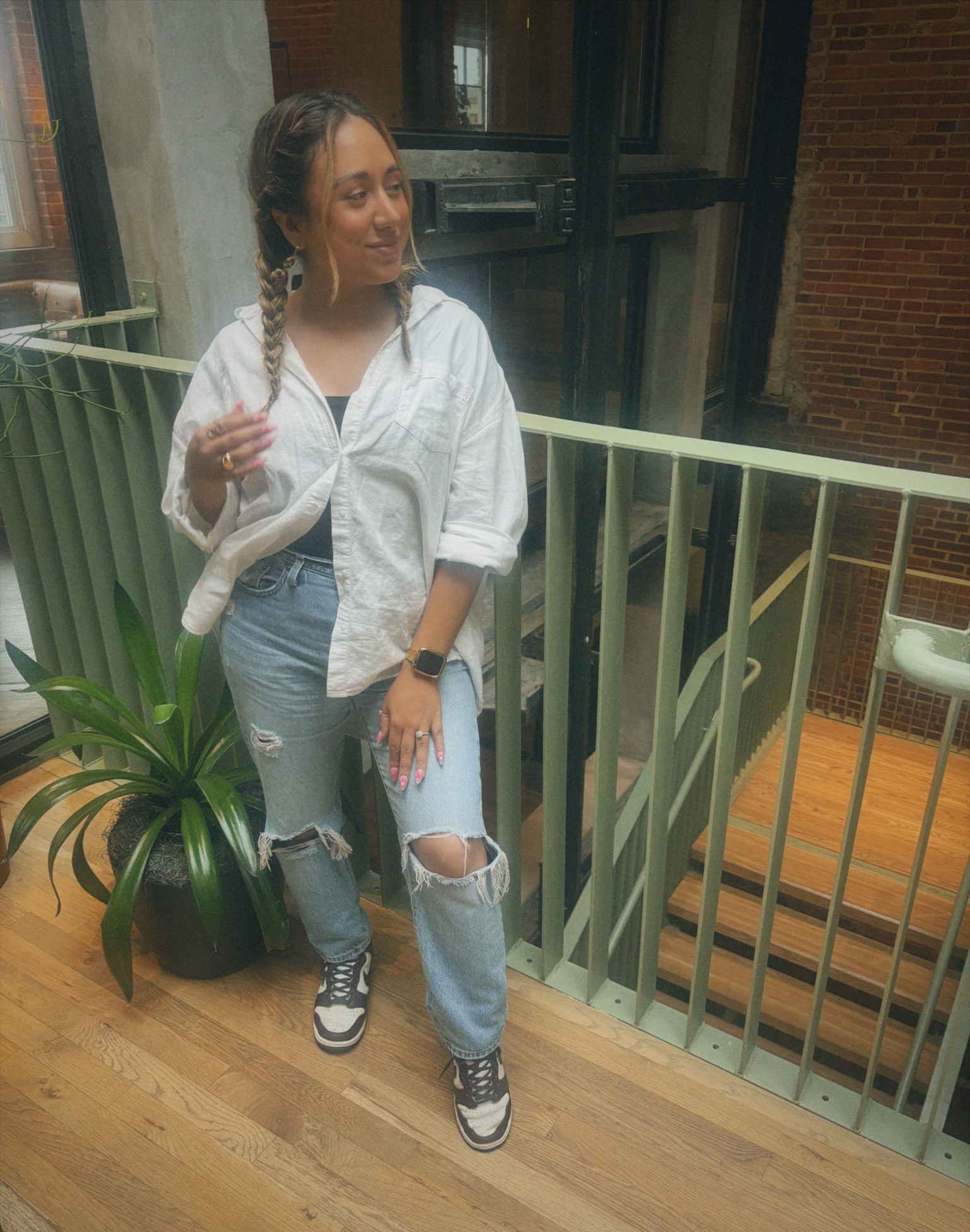 Mid size friendly outfit ✨ comfortable jeans and black body suit with a loose button up. Nike high dunks in burgundy. Perfect for running errands or grabbing a cup of coffee ☕️ 

#LTKstyletip #LTKshoecrush #LTKmidsize