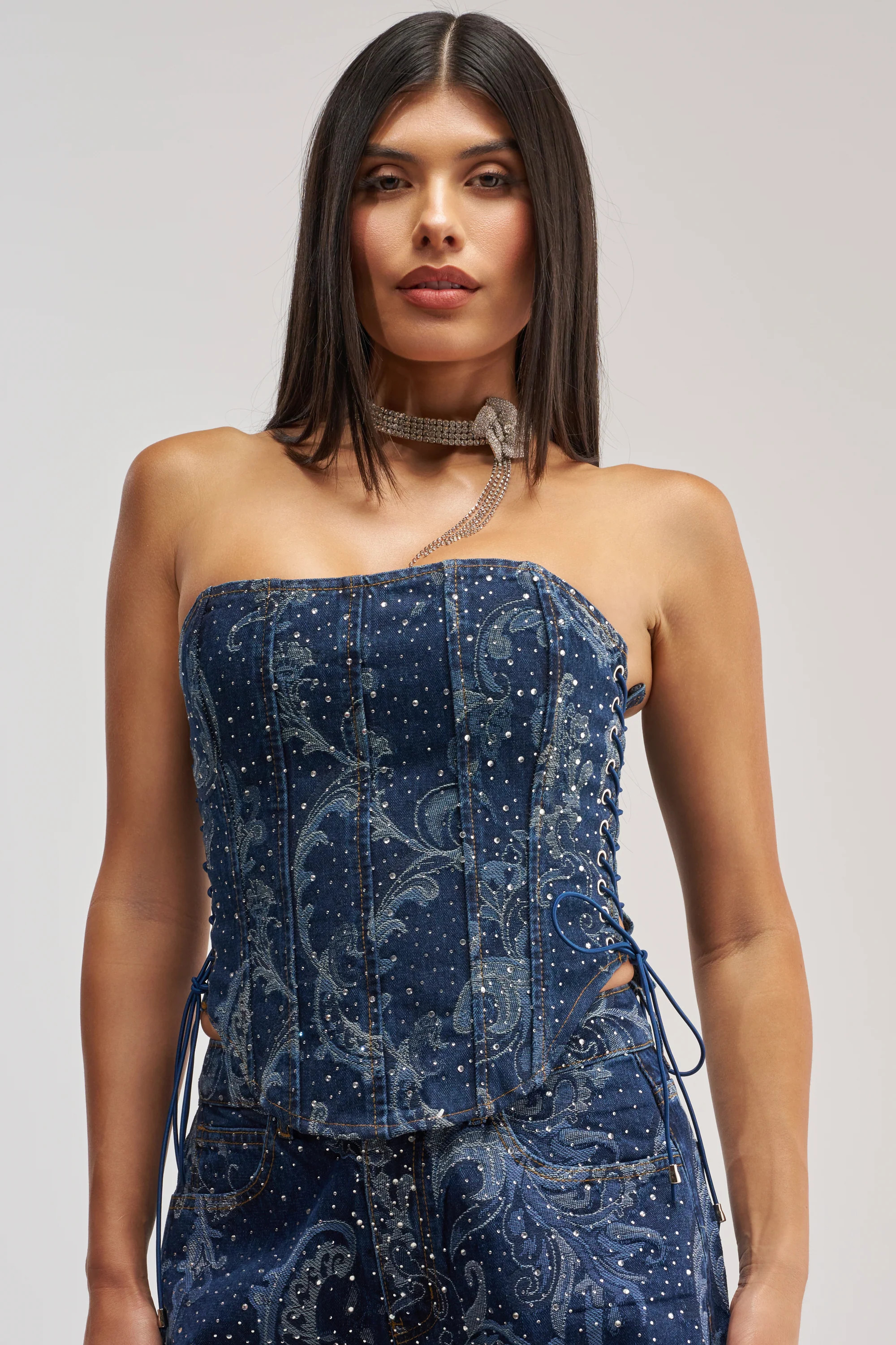 Rhinestone Denim Corset Top, Strapless | AKIRA | AKIRA
