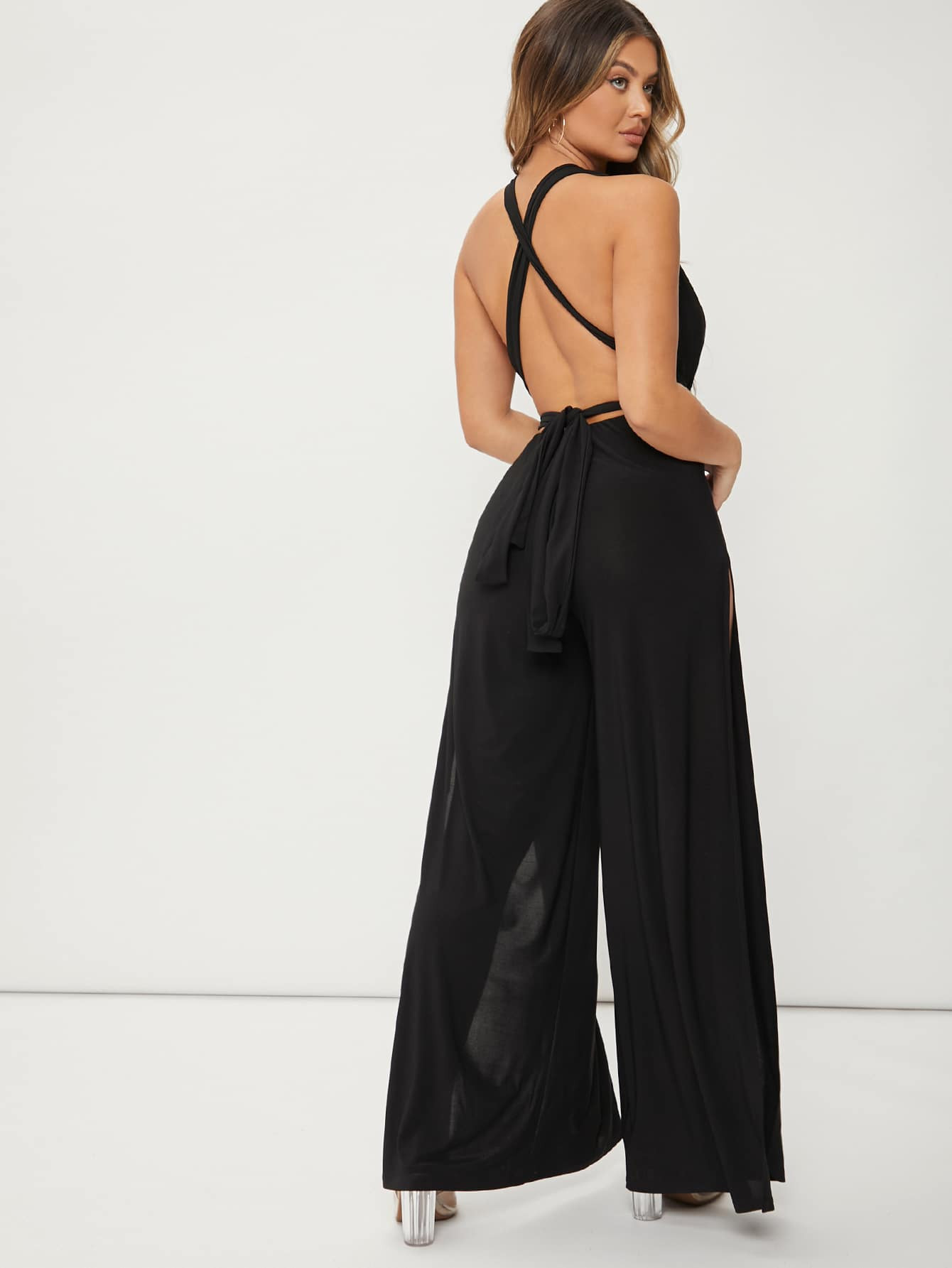 Solid Halter Cross Back Wide Leg Jumpsuit | SHEIN