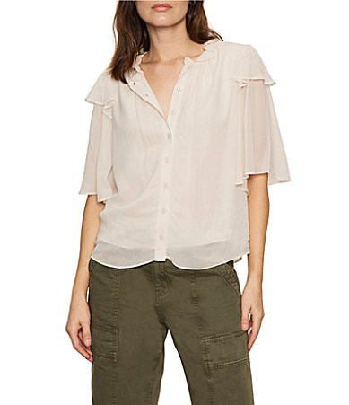 Sanctuary Deja Vu Ruffle V-Neck Short Sleeve Button Front Blouse - S | Dillard's