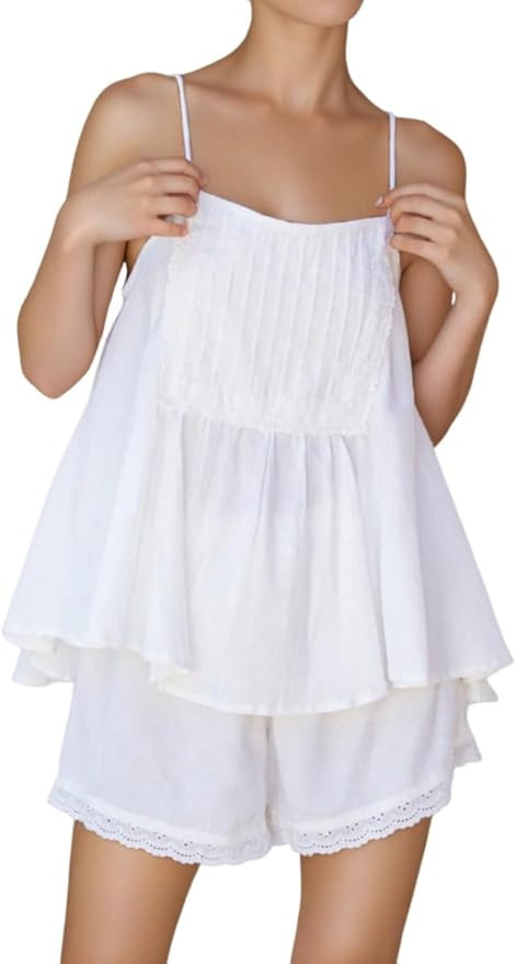 Womens Summer 2 Piece Short Sets Sleeveless Ruffle Trim Top and Shorts Cotton Pajamas Set | Amazon (US)
