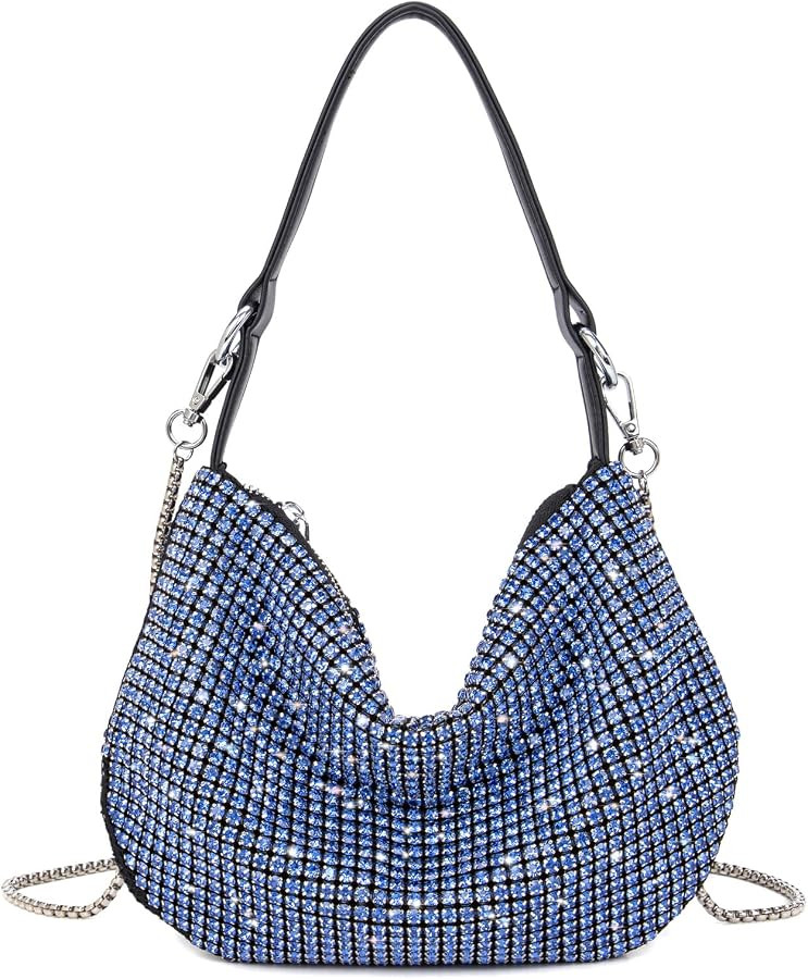 Sweetovo Women Sparkly Rhinestone Purse Tassel Crystal Diamond Crossbody Bag Silver Chain Clutch for Evening Prom Party | Amazon (US)