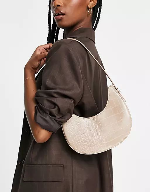 ASOS DESIGN curved shoulder bag with long strap in cream croc | ASOS (Global)