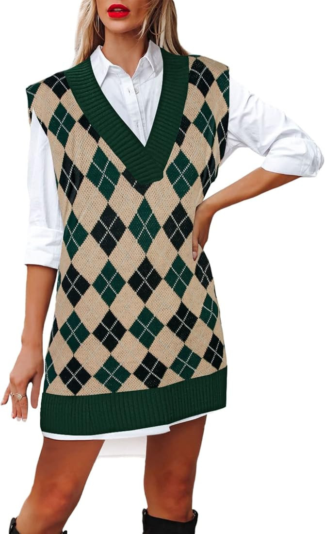 Viottiset Women's Oversized V Neck Knit Sweater Vest Tunic Sleeveless Pullover Top | Amazon (US)