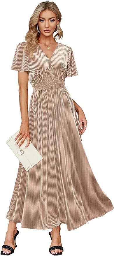 Simplee Women’s V Neck Velvet Maxi Dress Short Sleeve Empire Waist Long Formal Dress for Weddin... | Amazon (US)