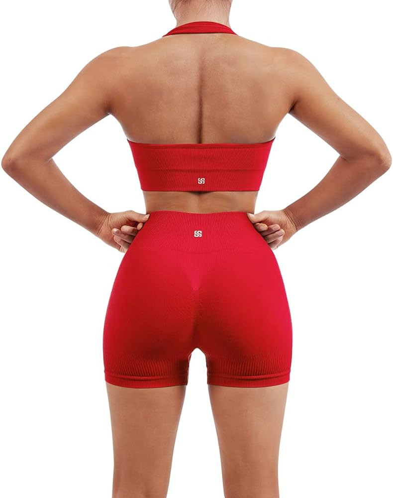 SUUKSESS Women Seamless Ribbed Workout Set Backless Sports Bra Booty Biker Short | Amazon (US)