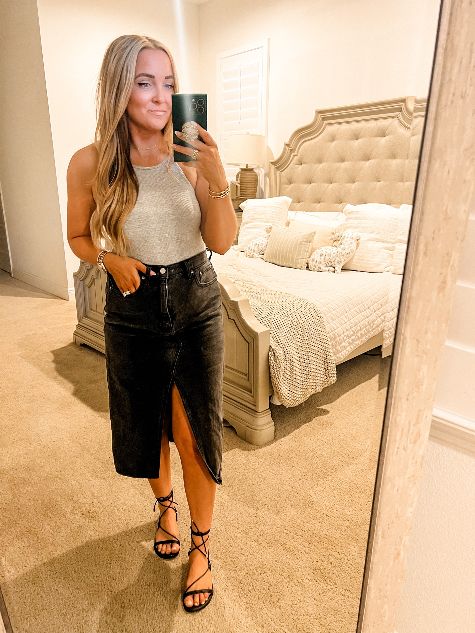 Bodysuit - M | Skirt - 28
5’2” 145 lbs 

Bodysuit | Jean Skirt | Midi Skirt | Casual Outfit | Amazon Fashion | Gray | Black | Tie sandals 

#LTKworkwear #LTKfindsunder50 #LTKshoecrush