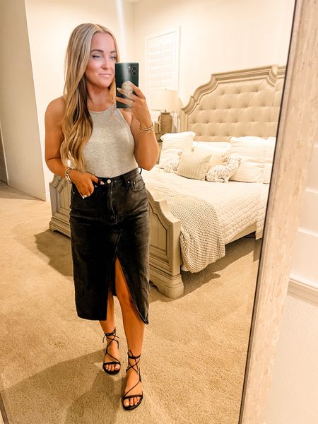 Bodysuit - M | Skirt - 28
5’2” 145 lbs 

Bodysuit | Jean Skirt | Midi Skirt | Casual Outfit | Amazon Fashion | Gray | Black | Tie sandals 

#LTKworkwear #LTKfindsunder50 #LTKshoecrush