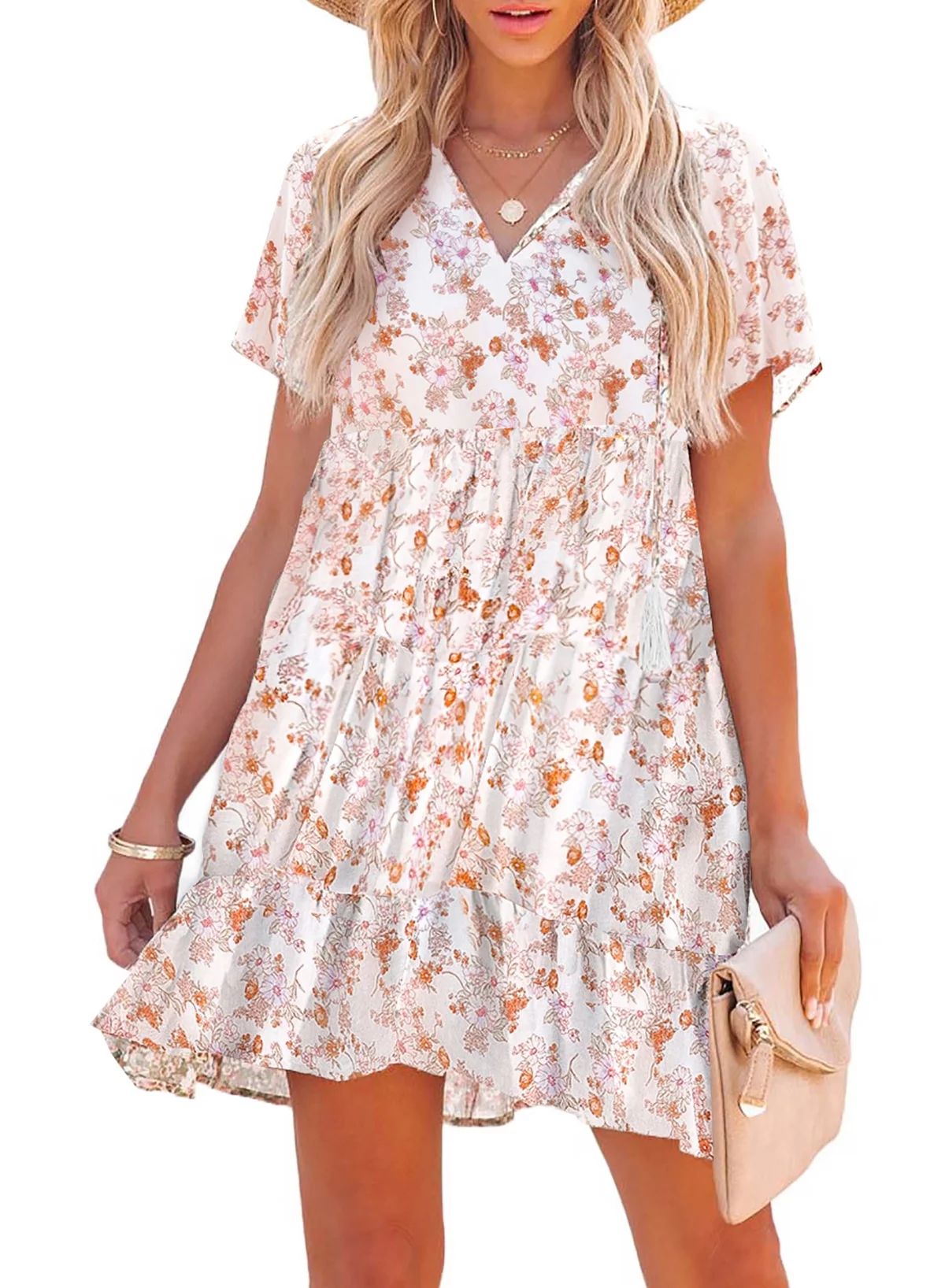 Dearlove Womens Summer Boho Floral Mini Dress Casual V Neck Ruffle Hem Short Sleeve Swing A Line ... | Walmart (US)