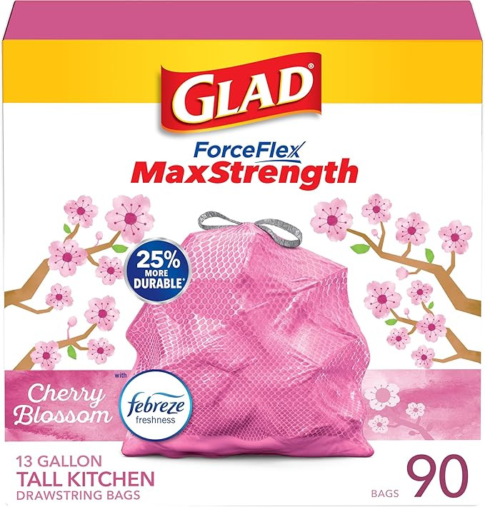Glad Tall Kitchen Trash Bags 13 Gallon, MaxStrength Cherry Blossom Garbage Bags, Drawstring, 90 C... | Amazon (US)