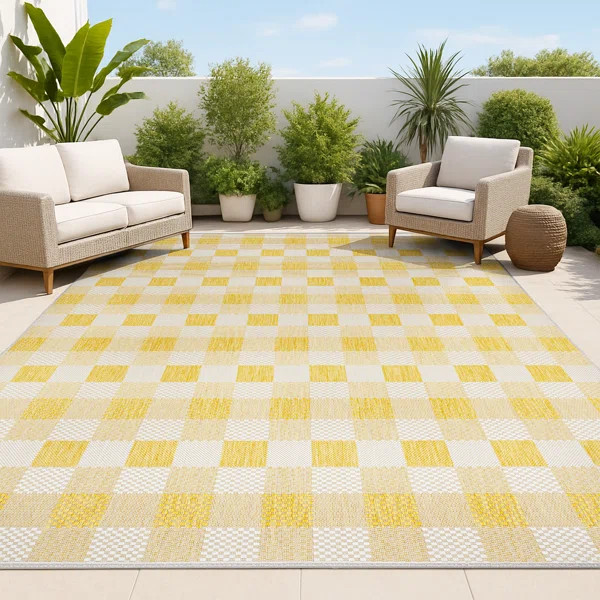 Drora Traditional Geometric Bold Gingham Yellow/Cream Indoor/Outdoor Rug | Wayfair North America