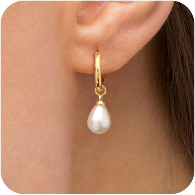 Pearl Dangle Earrings for Women, Small Pearl Drop Huggie Hoop Earrings, Hypoallergenic Dainty Ear... | Amazon (US)