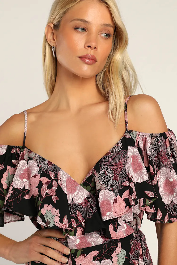 Fully Bloomed Black Floral Off-the-Shoulder Maxi Wrap Dress | Lulus (US)