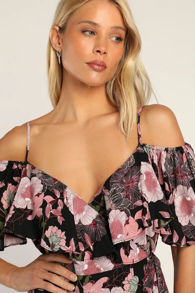 Fully Bloomed Black Floral Off-the-Shoulder Maxi Wrap Dress | Lulus (US)