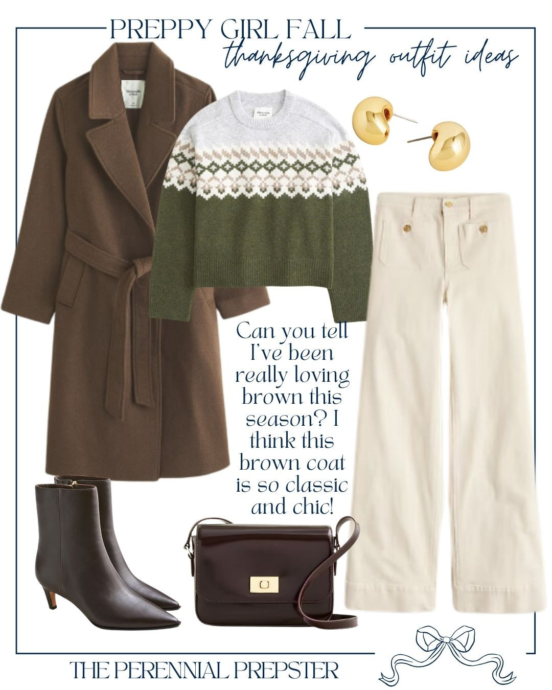 Preppy Girl Fall Thanksgiving outfit...classic and chic. I really love this long belted brown coat. A great cold-weather wardrobe addition. To keep everything uniform with the brown coat, I styled it with matching brown booties and a brown leather purse. I love corduroy pants for the cooler months and these flared cream ones go great with this look. And I can't resist a classic Fair Isle sweater...this one caught my eye with the green and grey colors. 

 #LTKHoliday #LTKSeasonal