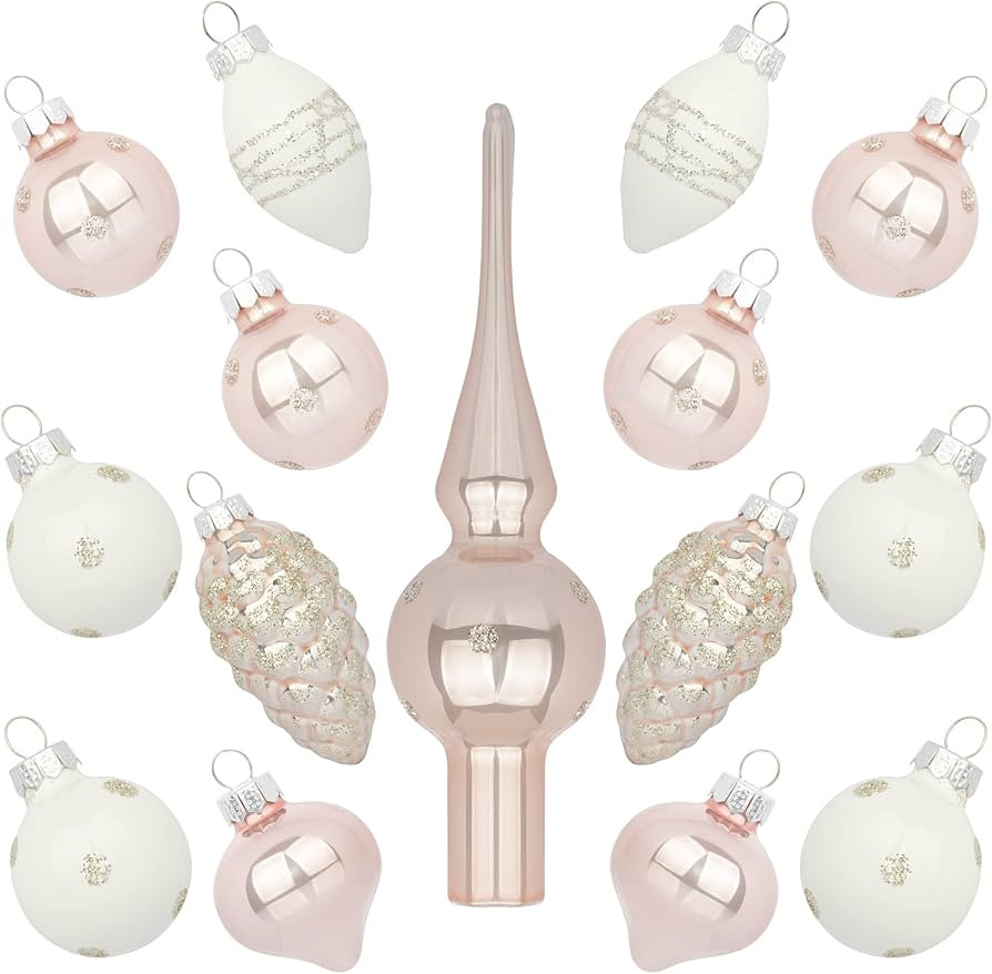 KINGYEE Miniature Ornaments and Tree Topper White and Pink Christmas Mini Glass Tree Decorations ... | Amazon (US)