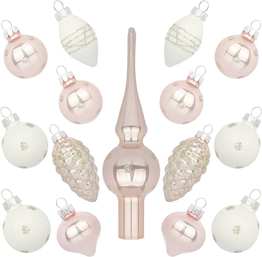 KINGYEE Miniature Ornaments and Tree Topper White and Pink Christmas Mini Glass Tree Decorations ... | Amazon (US)