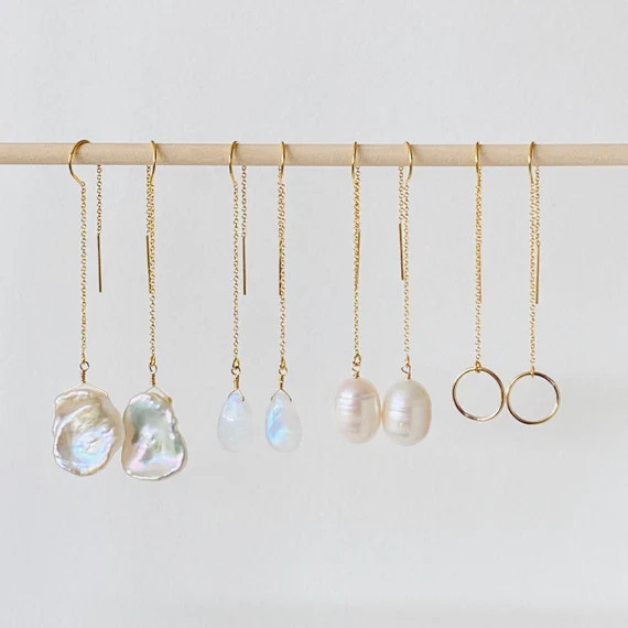 Gold Filled Pearl Threader Earrings Moonstone Dainty | Etsy | Etsy (US)