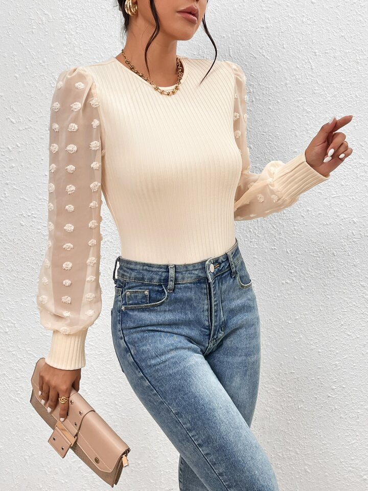 SHEIN Privé Contrast Swiss Dot Mesh Lantern Sleeve Bodysuit | SHEIN