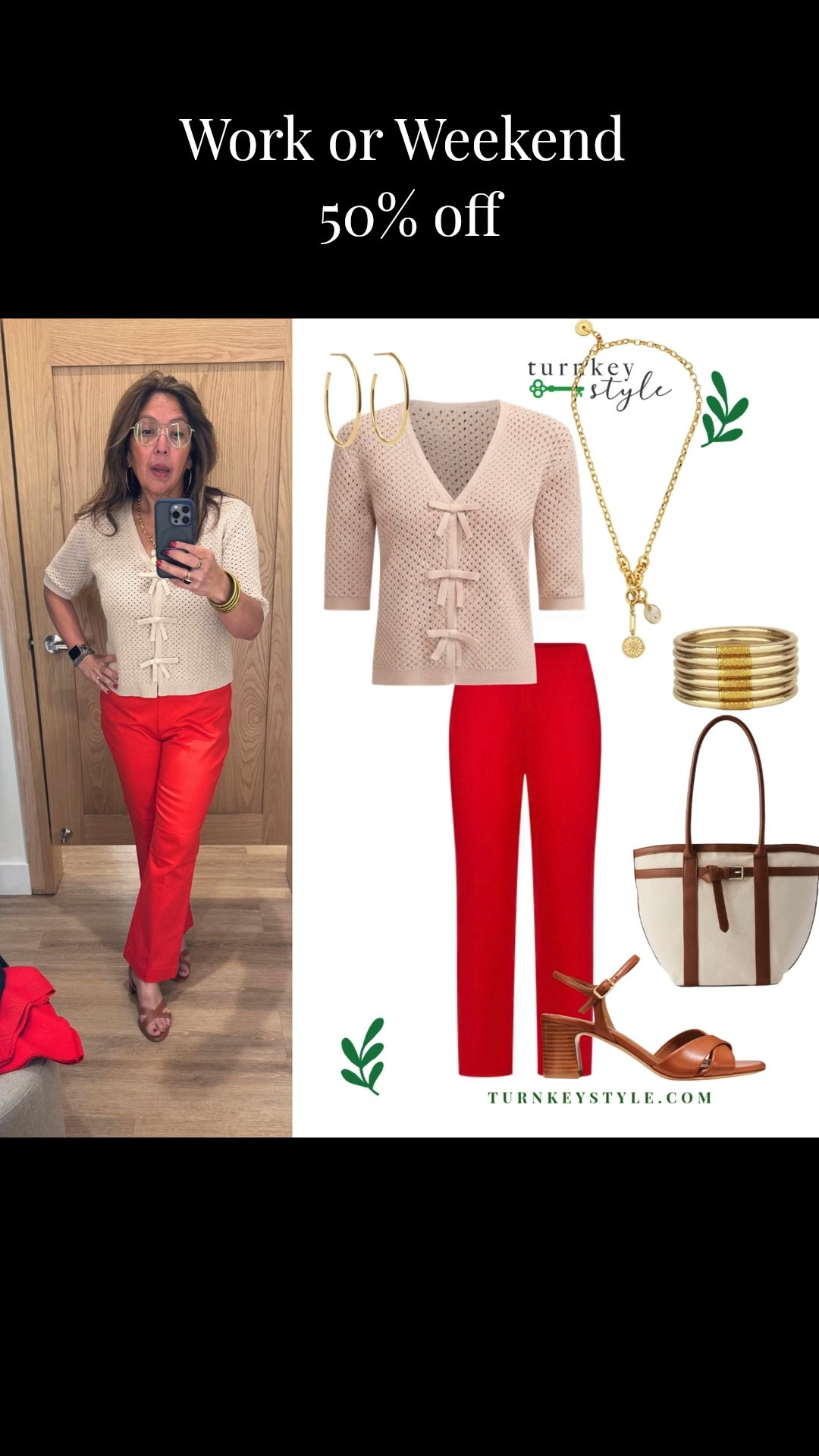 These pants are so fun, comfy, stretchy, and are available in white and camel. 
Run true to size. 
Love the cardigan too. It runs a little large size down. 
I’m Elisa, a wardrobe stylist, founder of Turnkey Style, and author of The Style Advantage: I Say What HR Can’t. I work with one on one with professional women as well as leaders and corporate teams so they show up authentically, on brand, and with confidence. 
I’m also a mom of two grown boys, a wife, a post-menopausal woman in business, 5’4”, a size 12/14 on the bottom and L on top. 
I’ve been everything from a size 10–18+, which is why fit, function, and real life always come first.

#LTKootd #LTKWorkwear #LTKSaleAlert