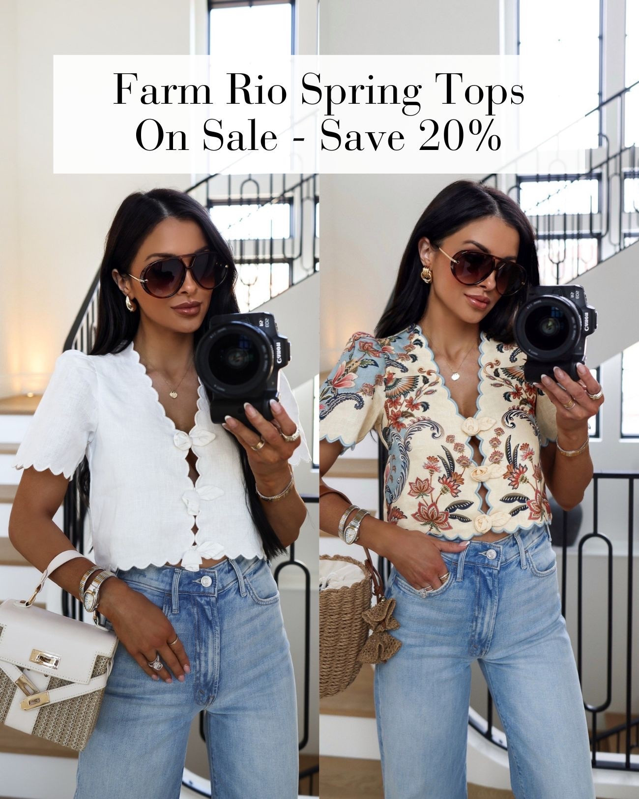 Save 30% off at Bloomingdale’s! My farm Rio white top is on sale along with the boho printed version - I always get asked about this scalloped top. It’s so fun and feminine and will carry you into summer. Paired it with the viral mother jeans and Amazon designer look sunglasses. 

Spring transition outfit, Miamiamine, vacation outfit, spring tops 
