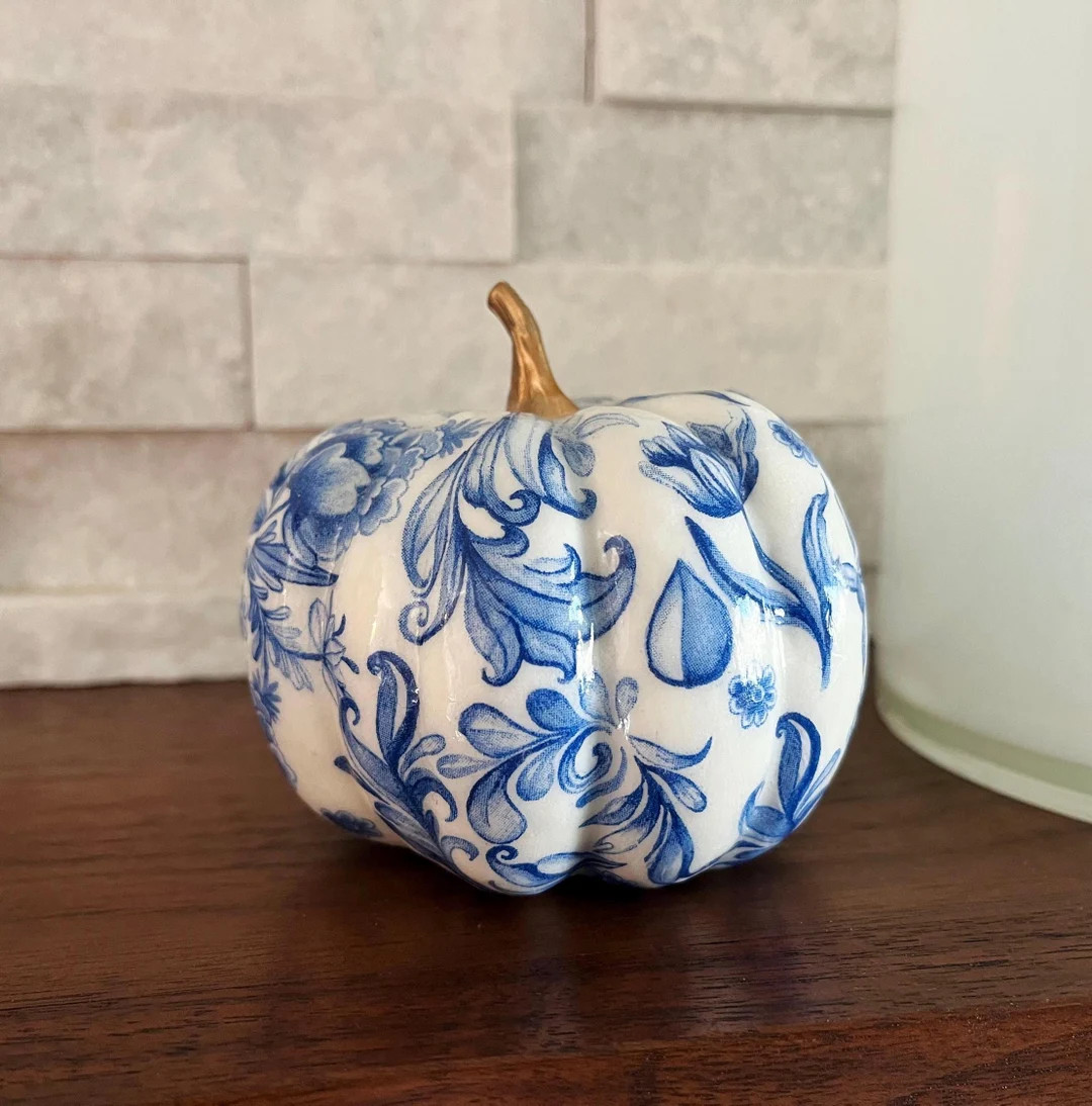 Blue & White Pumpkin Decor Bowl Filler, Chinoiserie Pumpkin, Bowl Fillers, Glossy Finish - Etsy | Etsy (US)