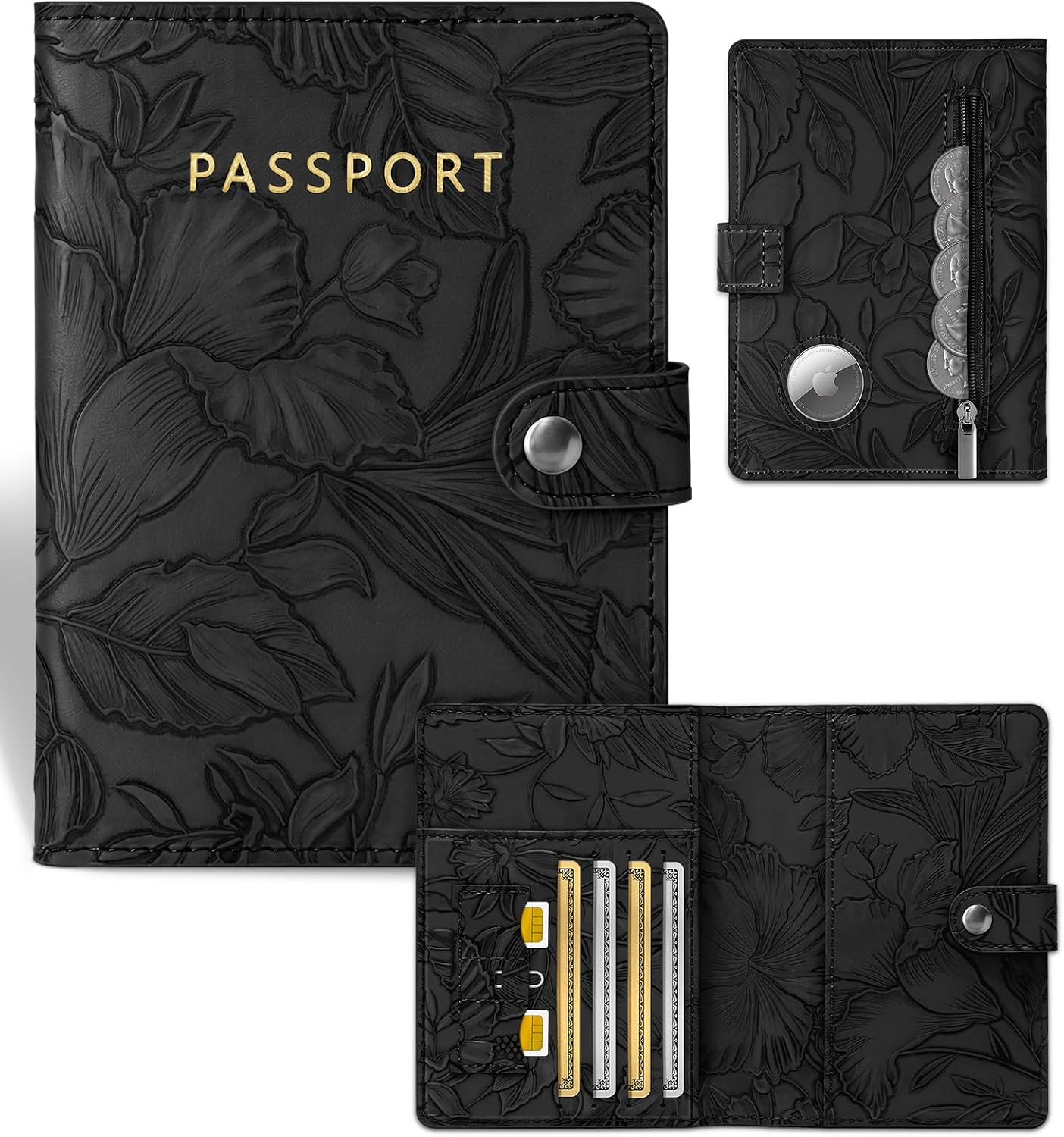 Slohif Elegant RFID Passport Holder for Travel with AirTag Matte Black | Amazon (US)