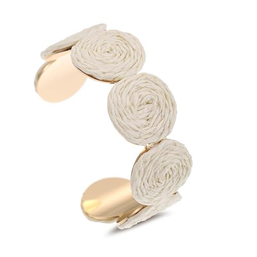 RUOFFETA Raffia Multiple Circles Cuff Bracelet for Women, Handmade Colorful Round Bangle Geometric Adjustable Statement Bracele(Cream White) | Amazon (US)