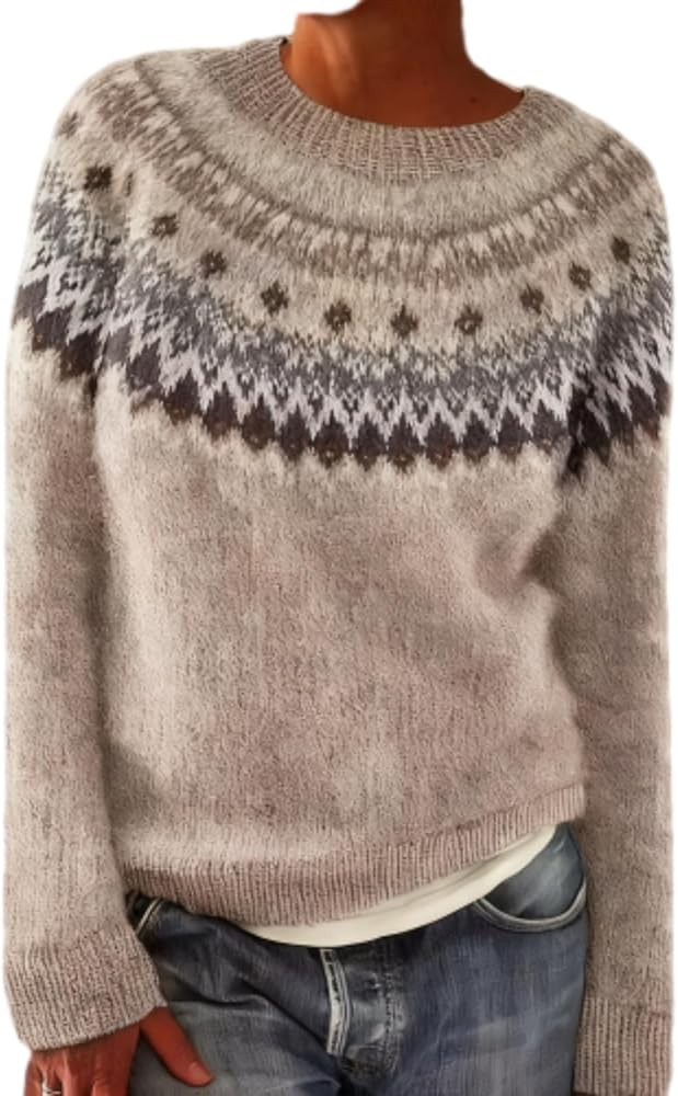 ATOPRT Women's Fair Isle Knit Sweater - Crewneck Long Sleeve Pullover, Soft Warm Winter Nordic Pa... | Amazon (US)