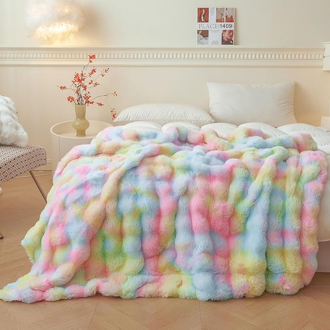 LIFEREVO Fluffy Faux Rabbit Fur Bubble Throw, Rainbow Plush Shaggy Blanket for Couch Sofa Chair, ... | Amazon (US)