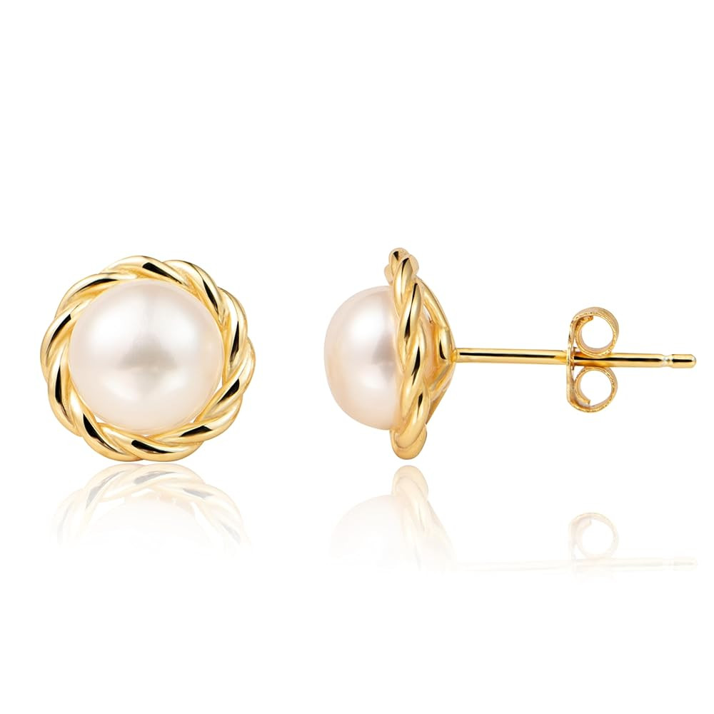 MAPLEDAIRY Genuine Pearl Gold Earring Studs, Small Size, 18k Gold plated Sterling Silver, Lustrou... | Amazon (US)