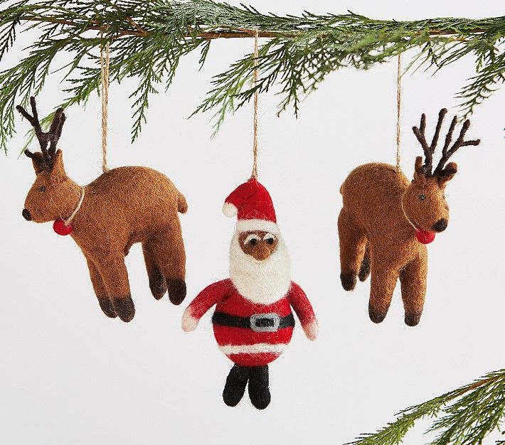 Santa with Reindeer Felted Wool Ornaments, Set of 3 | Pottery Barn Kids