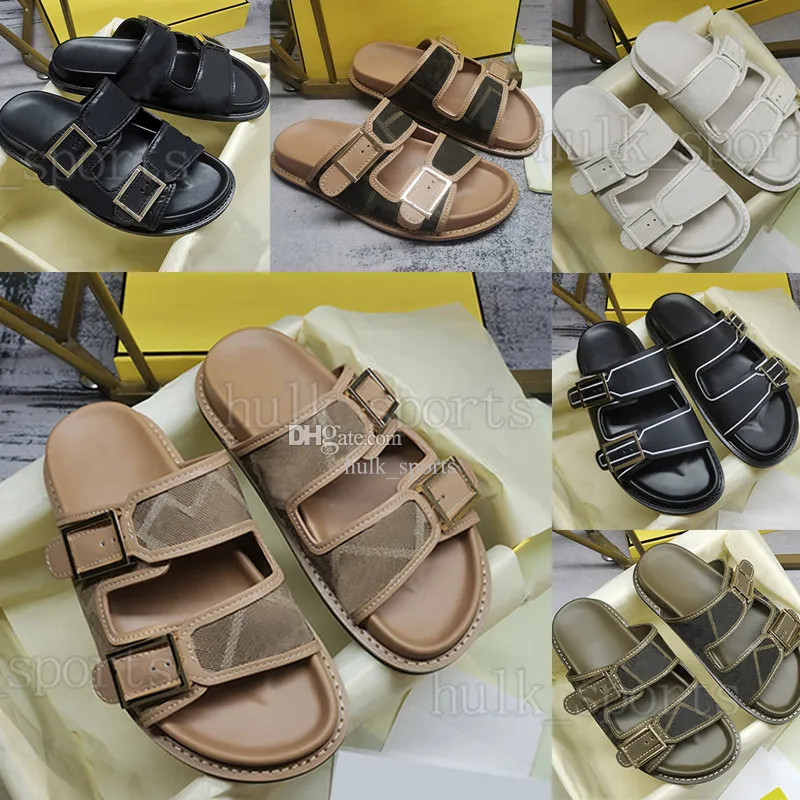 Men Women Sandals Designer Beach Canvas Slides Shoes Rubber Soles Double Strap Flat Buckle Slippe... | DHGate