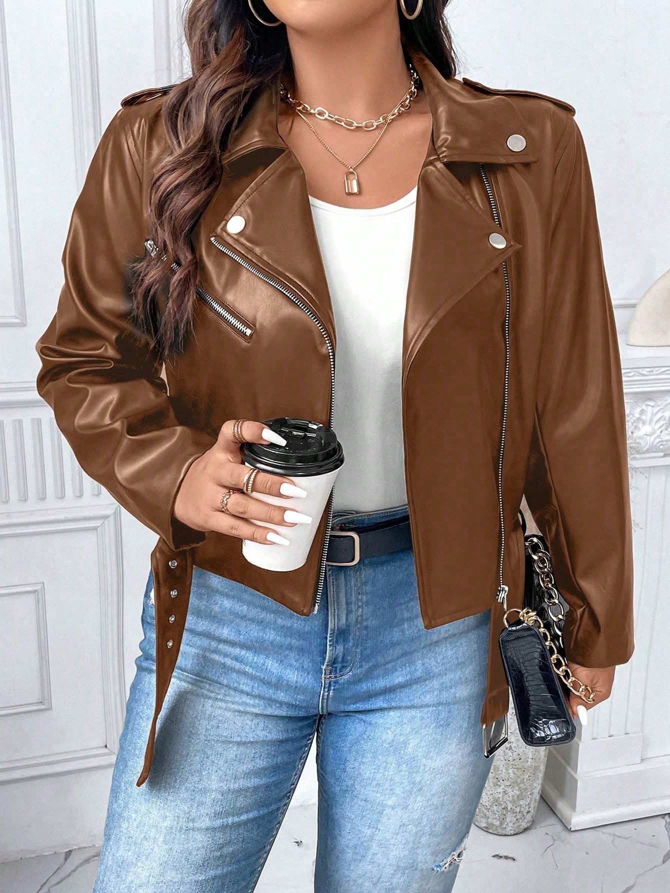 SHEIN Essnce Plus Zip Up Belted PU Leather Moto Jacket | SHEIN