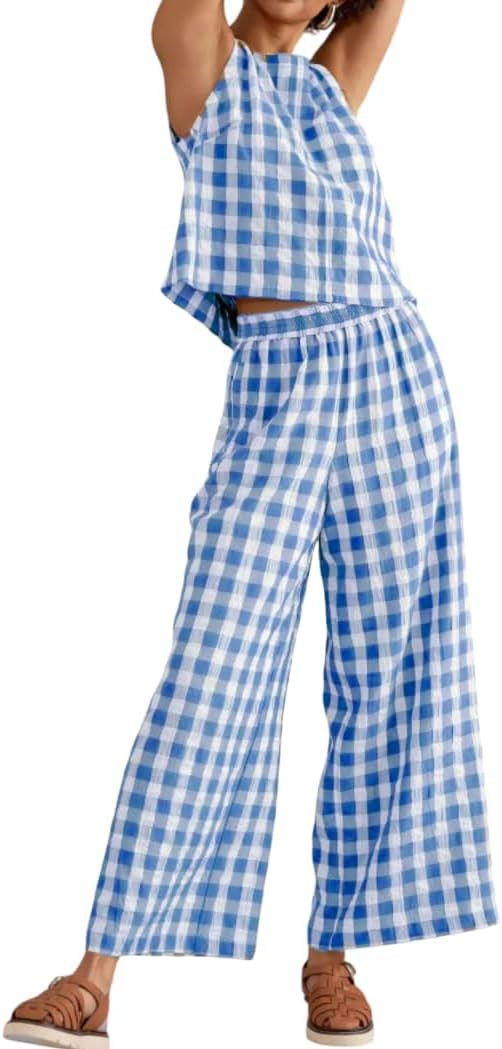 Women 2 Piece Summer Outfits Gingham Lounge Set Y2k Plaid Sleeveless Top Wide Leg Pants Matching ... | Amazon (US)