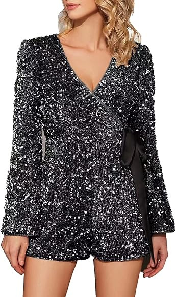 EXTRO&VERT Sequin Romper for Women Sparkly One Piece Jumpsuit Long Sleeve Disco Party Outfit | Amazon (US)