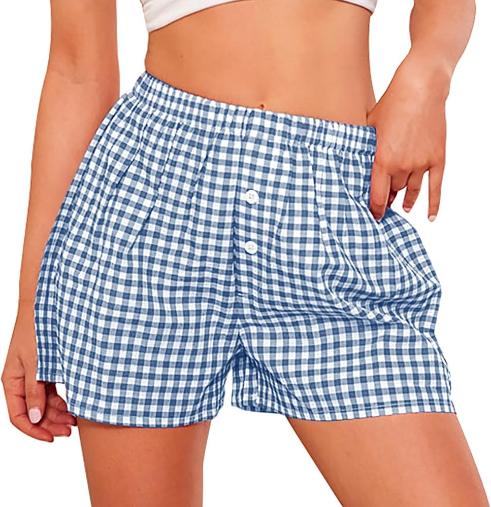 PRETTYGARDEN Womens Shorts Boxers 2025 Summer Gingham Pajama Lounge Sleep Y2K Plaid Pj Shorts Bea... | Amazon (US)