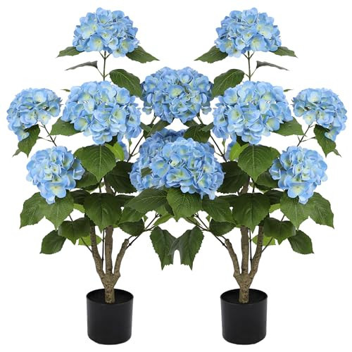 Nafresh 3FT Real Touch Faux Hydrangea Tree Outdoor, 2 Pack Blue Hydrangea Tree Artificial with Vibrant Blooms, Faux Hydrangea Bush for Indoor Outdoor Home Front Porch Pation Decor | Amazon (US)