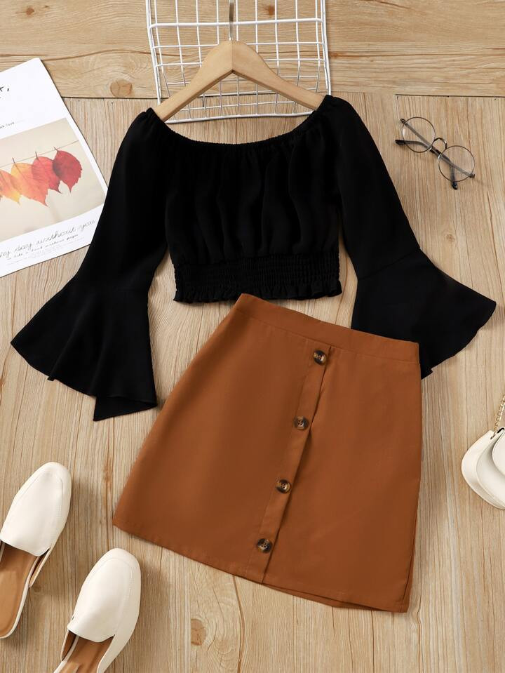 SHEIN Tween Girl Flounce Sleeve Shirred Hem Blouse & Fake Button Skirt | SHEIN