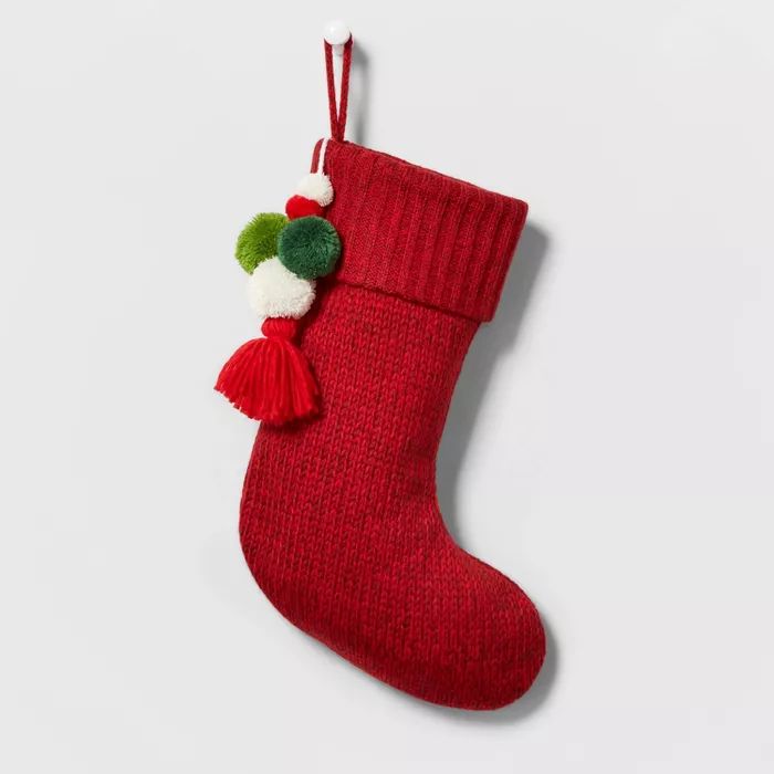 Marled Knit Christmas Stocking with Poms Red - Wondershop™ | Target