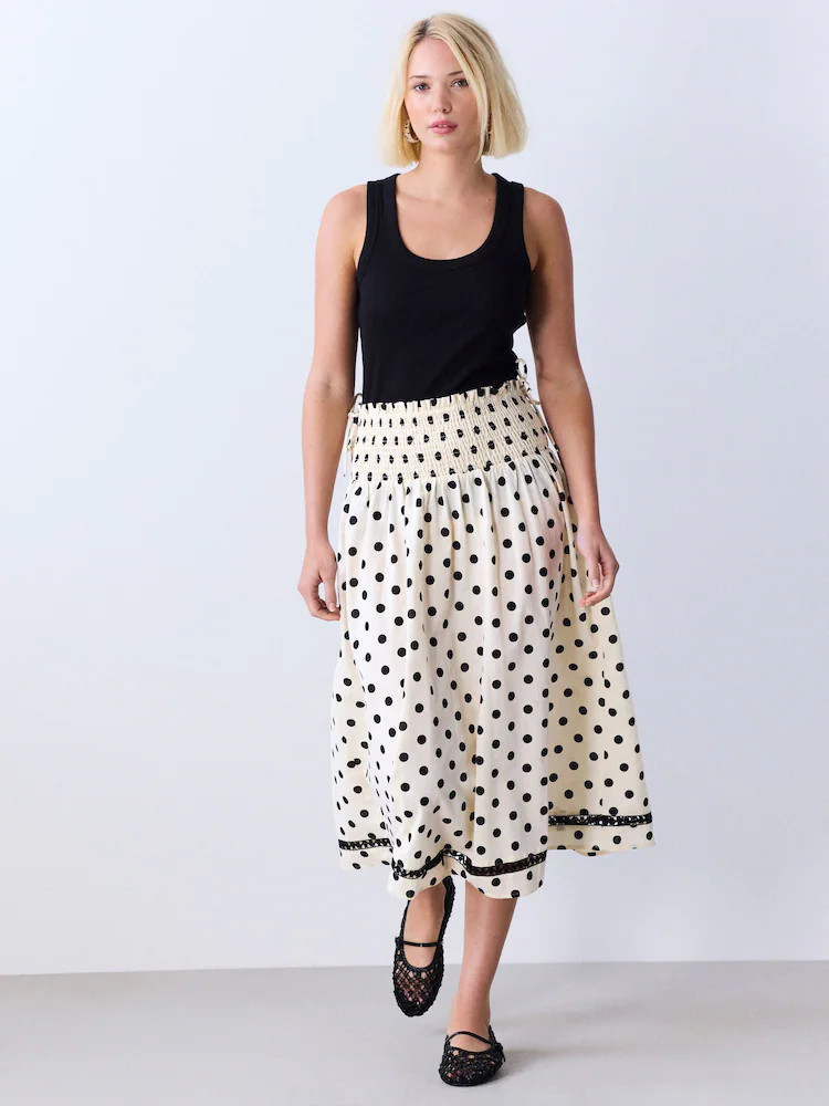 Cream/Black Spot Shirred Waist Midi Skirt | Next EU