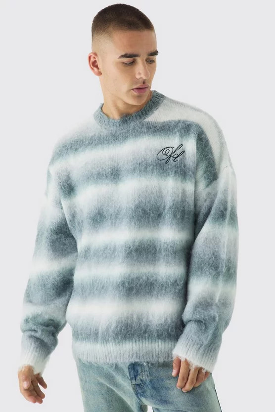 Oversized Boxy OFCL Brushed Ombre Stripe Knitted Embroidered Jumper | boohooMAN (DE, IE & UK)