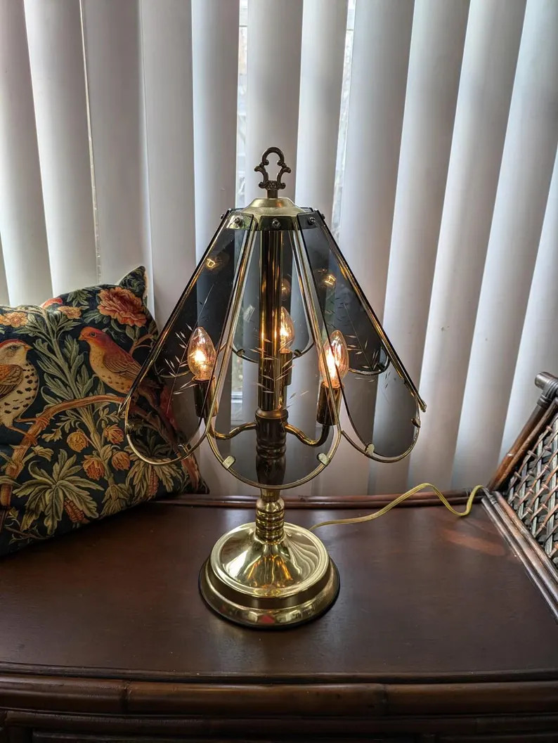 Vintage Touch Lamp LRG Accent Table Night Light Brass Smoky Glass Panels Post Modern Three Way Ca... | Etsy (US)