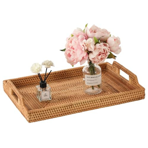 17'' Rattan Serving Tray Rectangle with Handles, Vintage Wicker Table Tray for Decor, Boho Hand Woven Seagrass Coffee Table Basket Tray for Ottoman, Breakfast, Bathroom, Outdoor | Amazon (US)