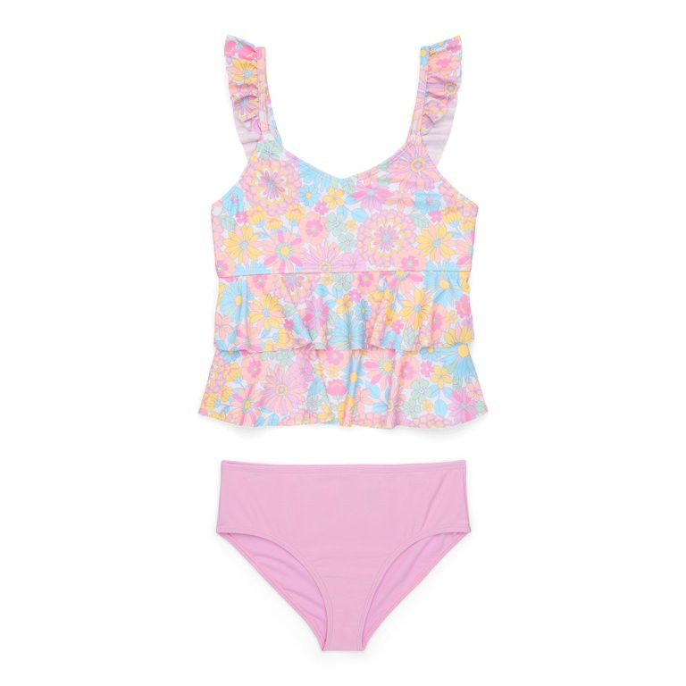 Wonder Nation Girls Layered Ruffle Tankini Swimsuit with UPF 50, 2-Piece, Sizes 4-18 & Plus | Walmart (US)