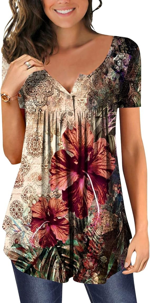 Womens Tops Hide Belly Tunic 2023 Summer Short Sleeve T Shirts Cute Flowy Henley Tshirt Casual Dr... | Amazon (US)